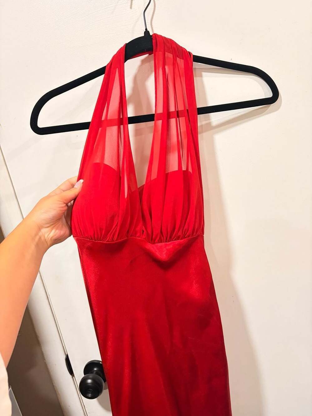 Betsy & Adam Vintage Y2K Red Satin Halter Evening Gown with Ruffles - Picture 4 of 9